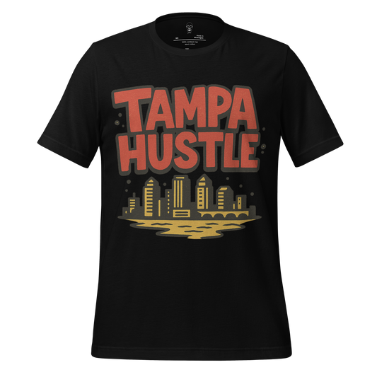Black Tampa Graphic T-Shirt with Tampa Hustle text and city skyline design