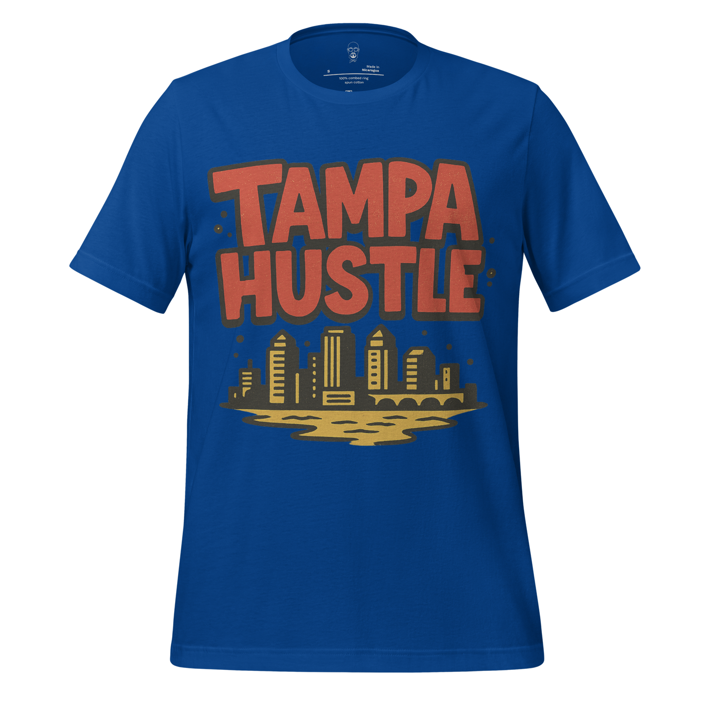 Blue Tampa Graphic T-Shirt with Tampa Hustle text and city skyline design