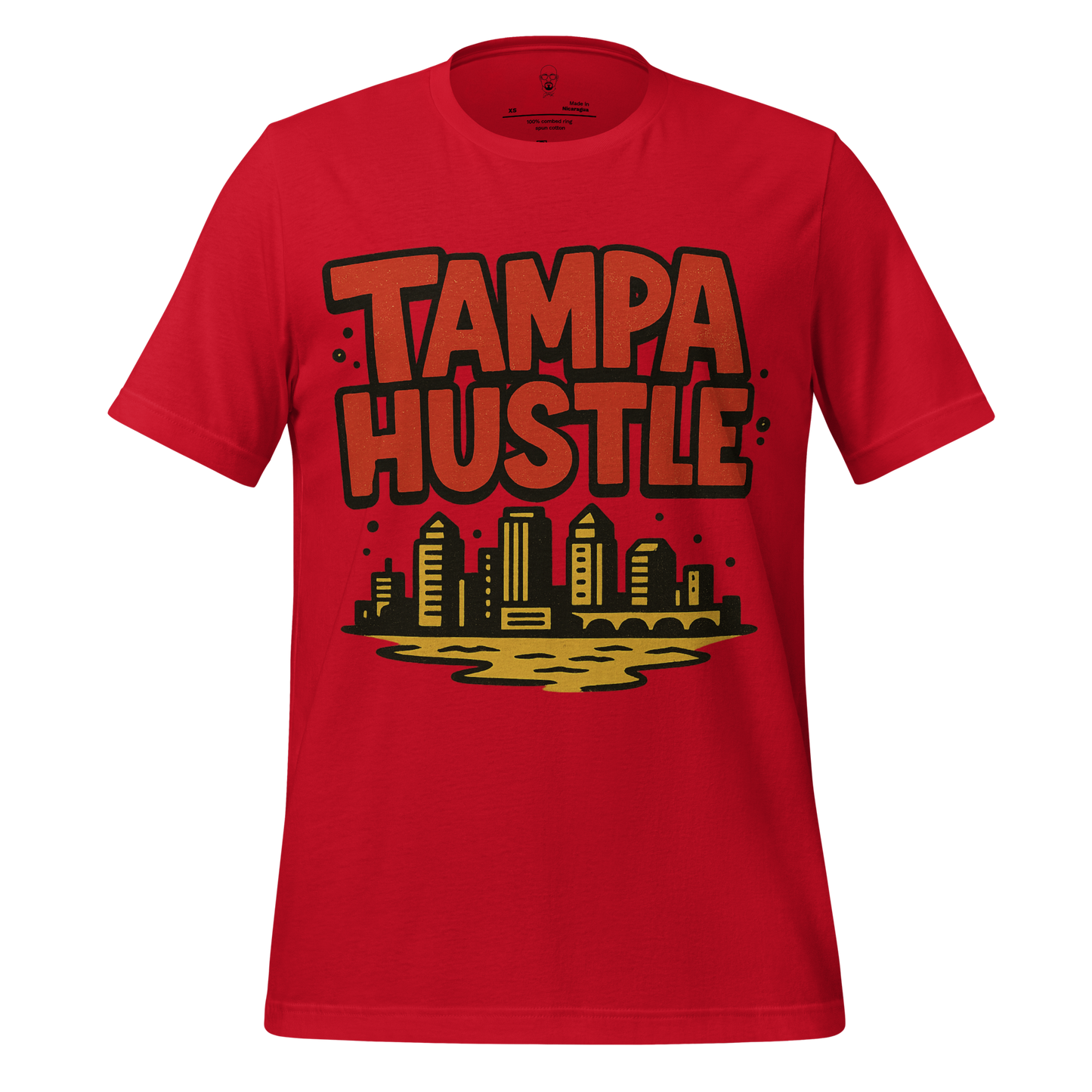 Red Tampa Graphic T-Shirt with Tampa Hustle text and city skyline design