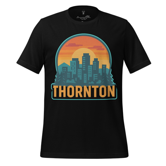 JMK Drip black Thornton Graphic T-Shirt with city skyline and sunset design