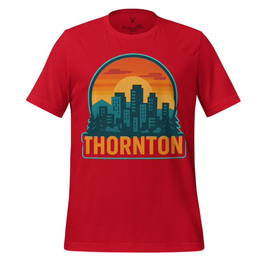 Red Thornton Graphic T-Shirt with city skyline and sunset design by JMK Drip