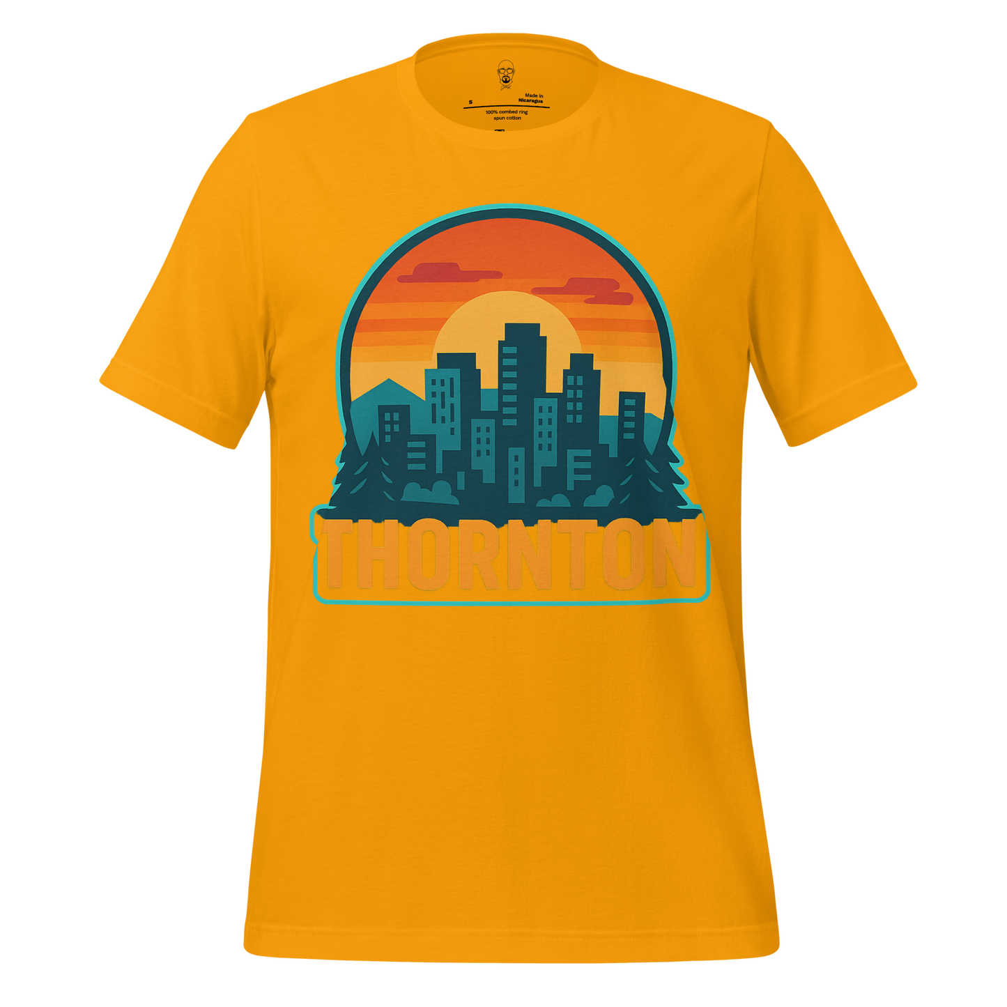 JMK Drip yellow Thornton Graphic T-Shirt with city skyline and sunset design