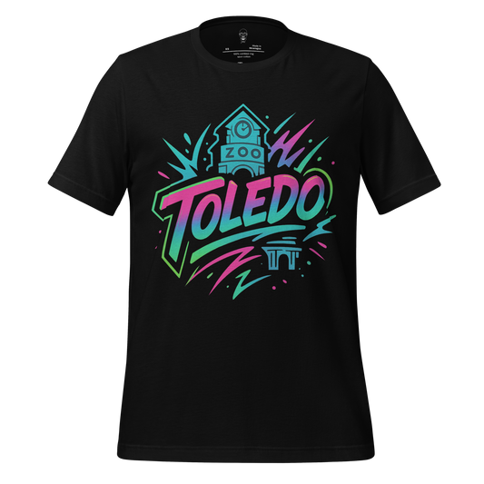 JMK Drip black Toledo Graphic T-Shirt with colorful retro Toledo Zoo design and artistic accents