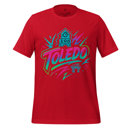 Red Toledo Graphic T-Shirt by JMK Drip with colorful Toledo Zoo and city themed design