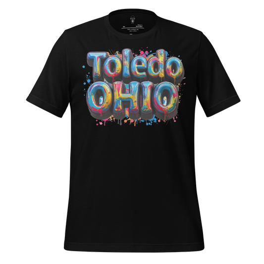 Black Toledo Ohio t-shirt with colorful graffiti-style balloon text design