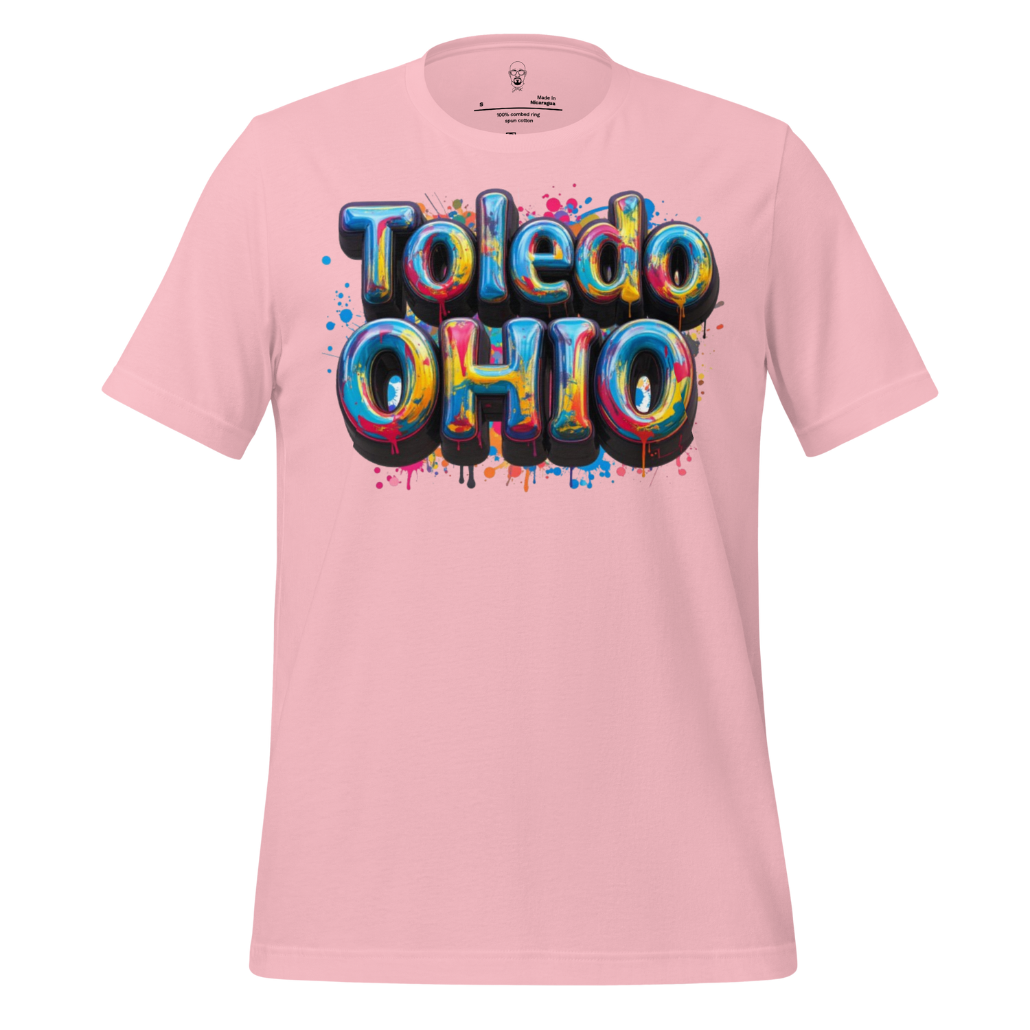 Pink JMK Drip Toledo Ohio t-shirt with colorful graffiti style text design