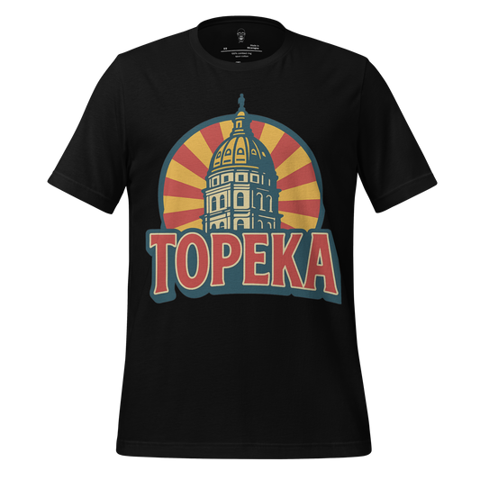 Black Topeka t-shirt by JMK Drip with vintage state capitol building graphic and bold lettering