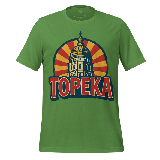 Green Topeka t-shirt by JMK Drip featuring a graphic of a domed building with sunburst background