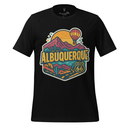 JMK Drip Albuquerque Route 66 graphic black t-shirt with mountains and hot air balloon design