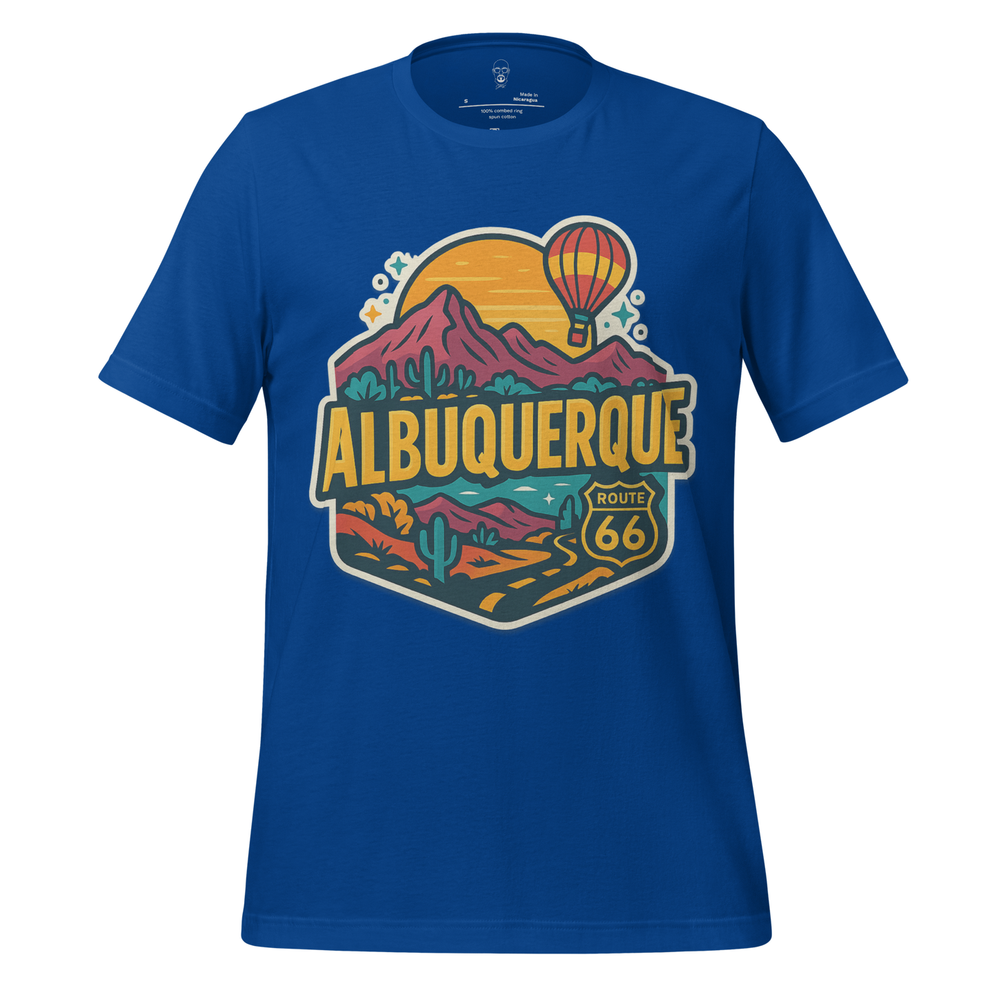 Blue Albuquerque Route 66 t-shirt with mountain, cactus, and hot air balloon graphic