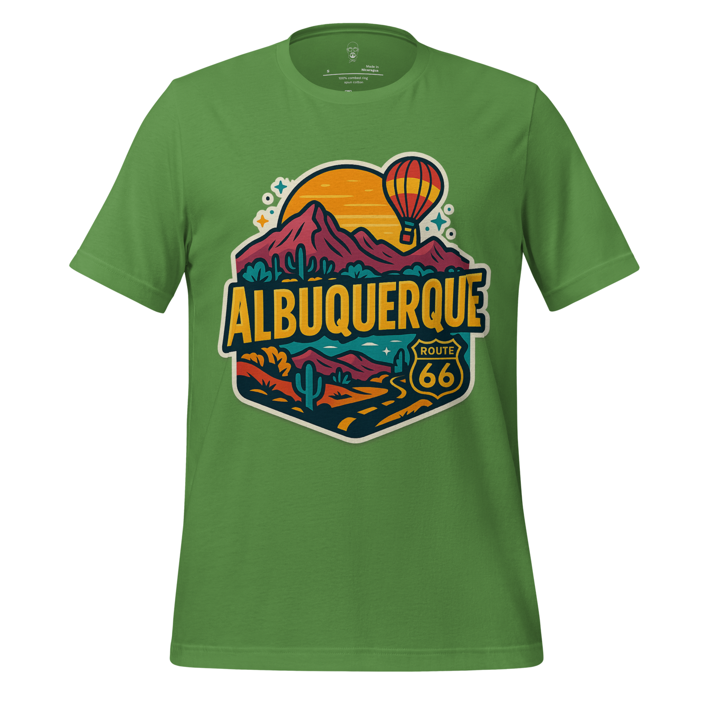 JMK Drip green t-shirt featuring Albuquerque Route 66 graphic with mountains and hot air balloon