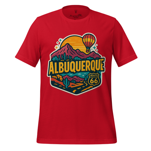 Red Albuquerque Route 66 graphic t-shirt with mountain, hot air balloon, and desert design