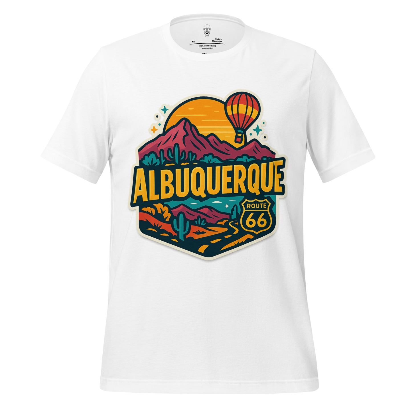 White t-shirt with colorful Albuquerque Route 66 graphic featuring mountains and hot air balloon
