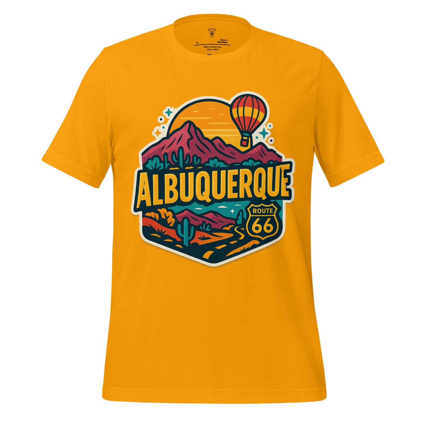 JMK Drip yellow t-shirt with Albuquerque Route 66 graphic featuring mountains and hot air balloon