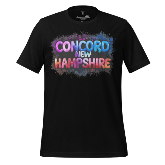 Black t-shirt with colorful Concord New Hampshire graphic text design by JMK Drip
