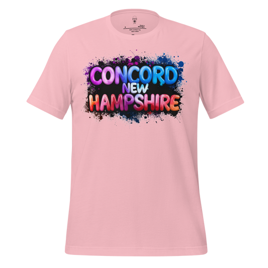 Pink T-shirt with colorful graffiti style Concord New Hampshire text design by JMK Drip