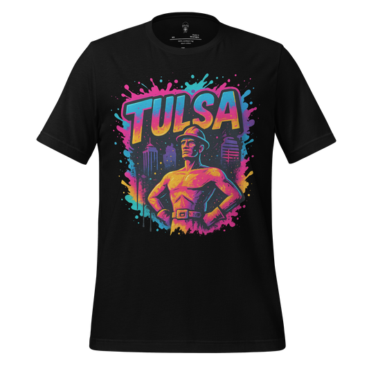 Black Tulsa Graphic T-Shirt featuring colorful vibrant Tulsa skyline and heroic figure design