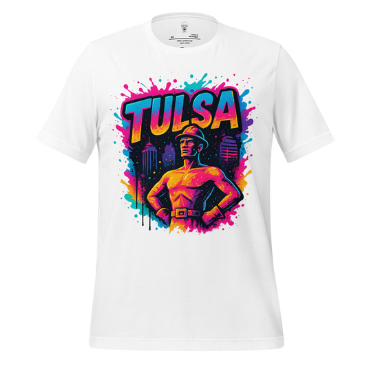 White Tulsa Graphic T-Shirt by JMK Drip featuring colorful vintage Tulsa statue and city skyline design