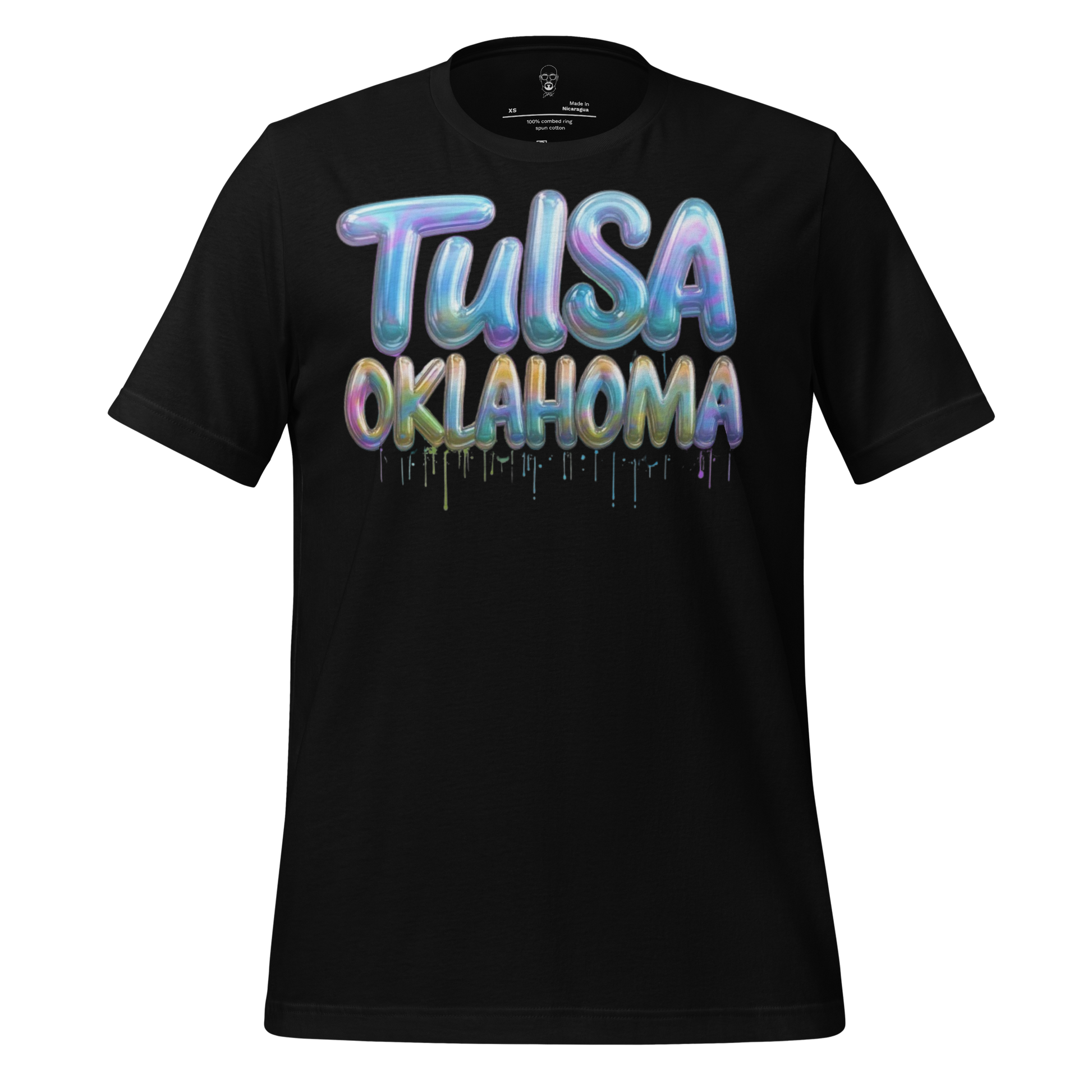 Black Tulsa Oklahoma graphic tee with colorful dripping text design by JMK Drip