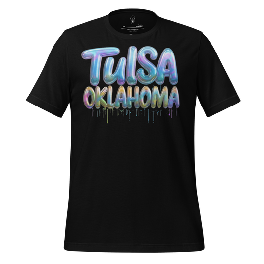 Black Tulsa Oklahoma graphic tee with colorful dripping text design by JMK Drip