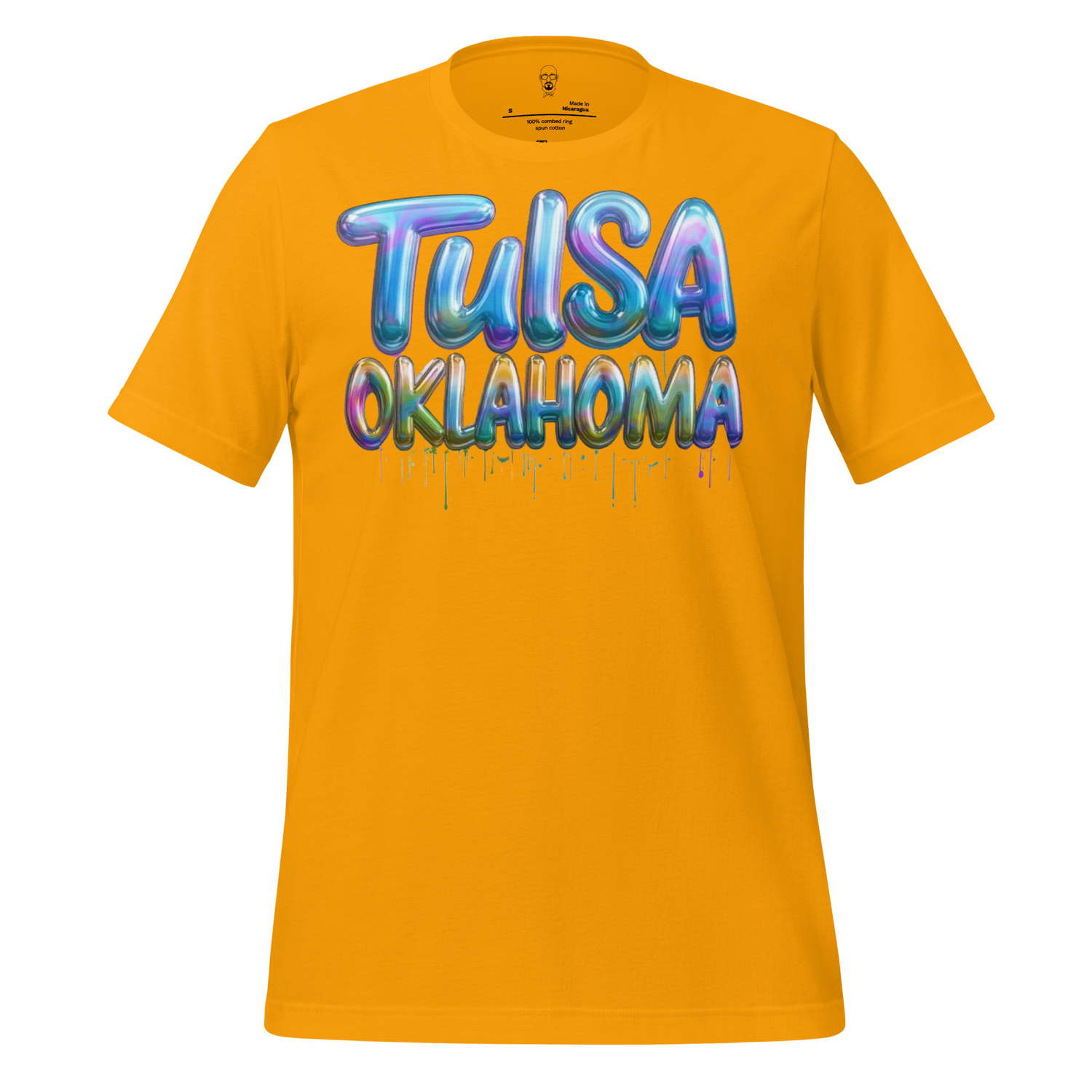 JMK Drip Tulsa Oklahoma graphic tee in bright yellow with colorful balloon-style text design