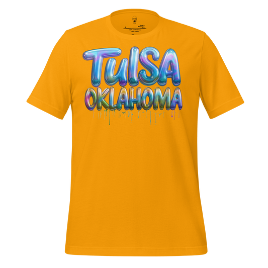JMK Drip Tulsa Oklahoma graphic tee in bright yellow with colorful balloon-style text design