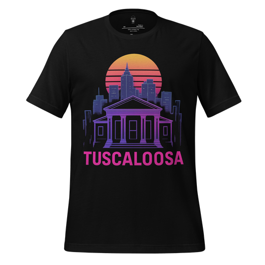 JMK Drip Tuscaloosa Graphic T-Shirt with purple city skyline and sunset design on black fabric