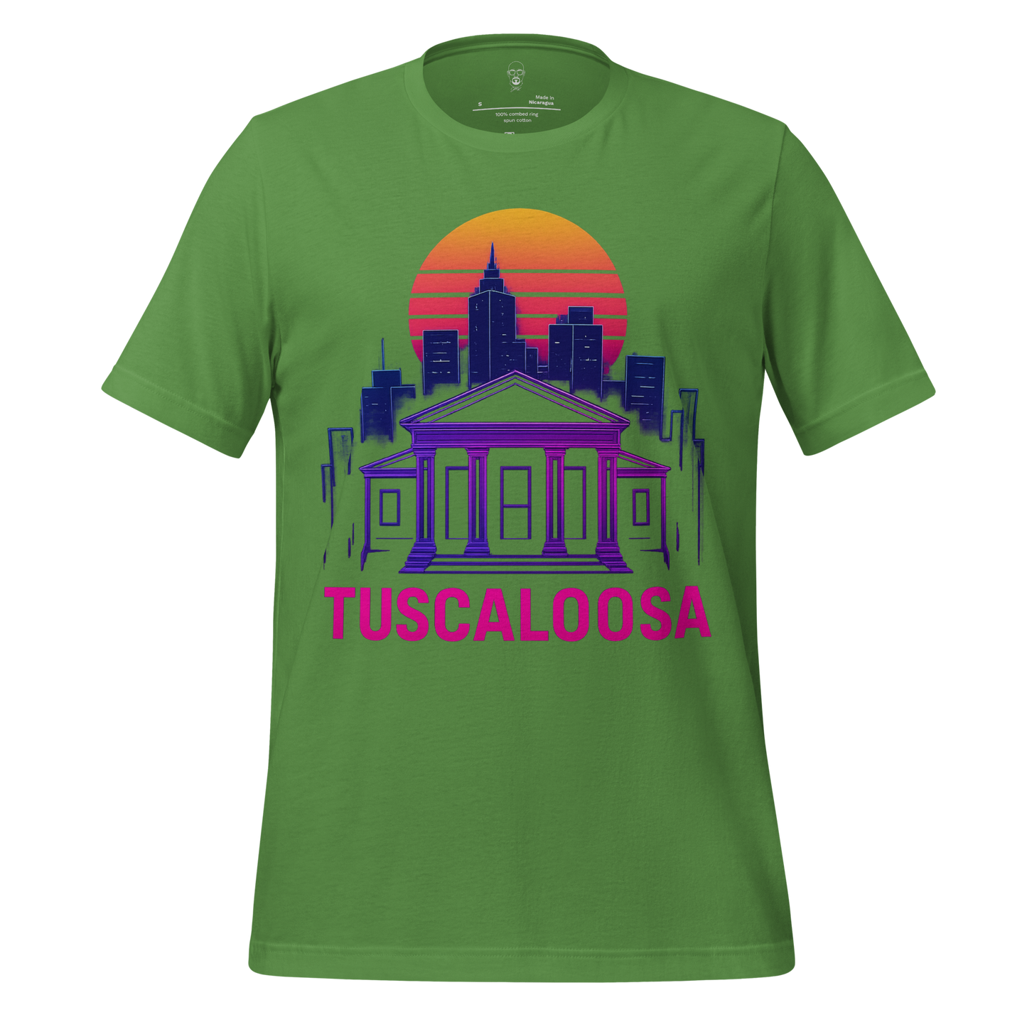 Green Tuscaloosa Graphic T-Shirt by JMK Drip with colorful city skyline and sunset design