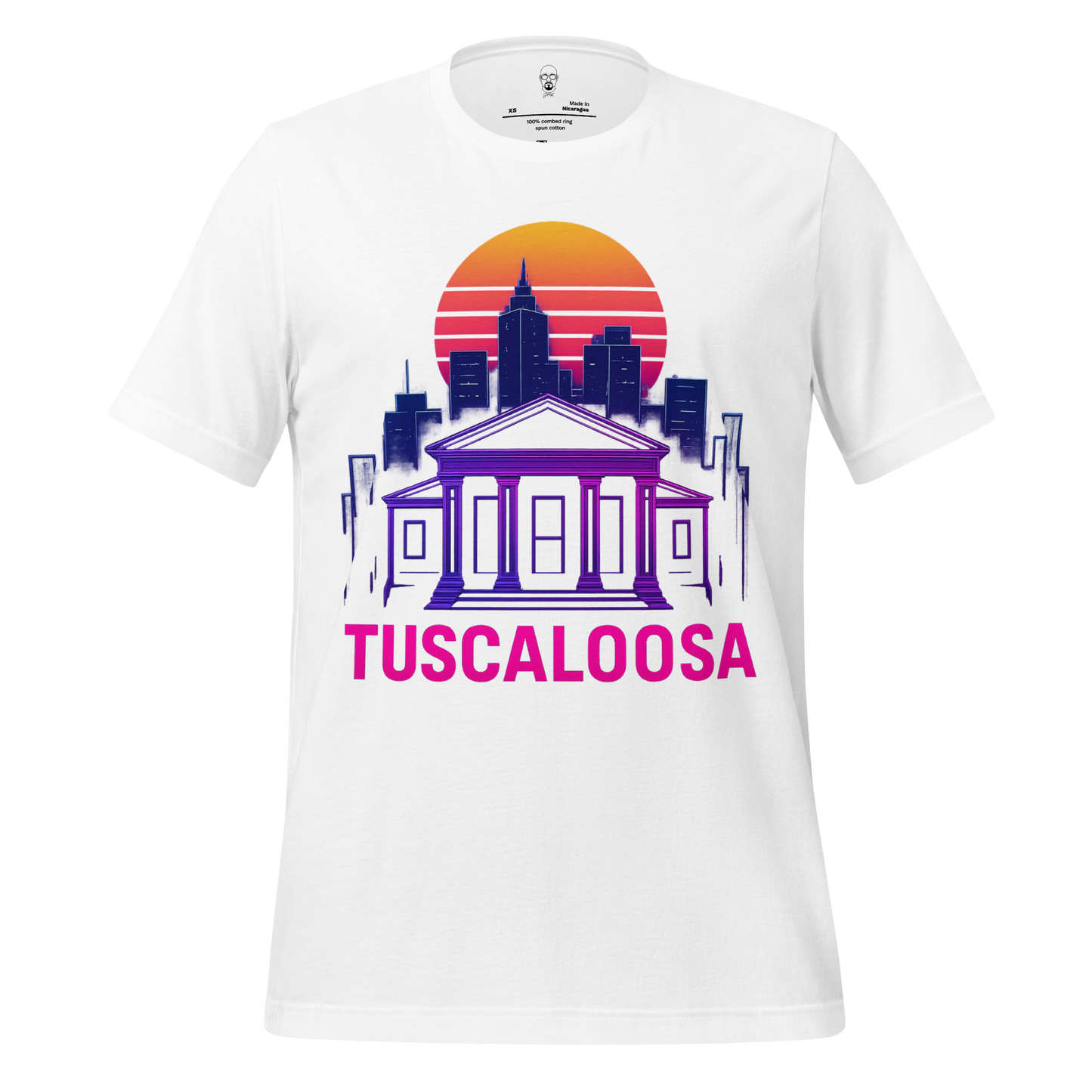 White Tuscaloosa Graphic T-Shirt with purple cityscape and sunset design by JMK Drip