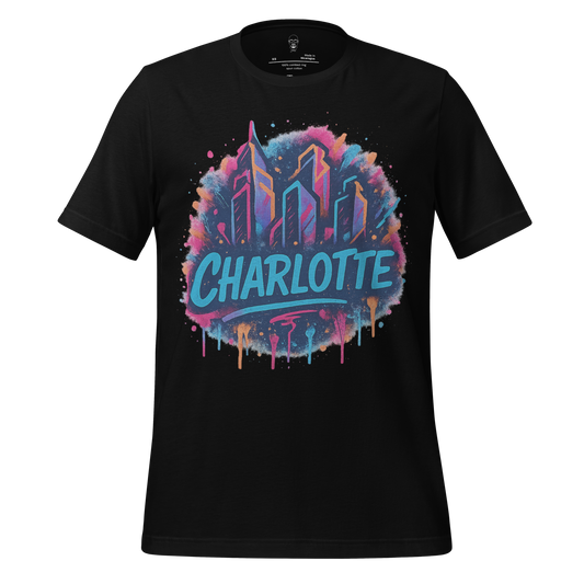 Black Charlotte graphic t-shirt with colorful city skyline and artistic paint splatter design