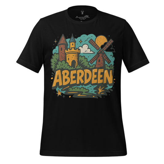 Black Aberdeen graphic t-shirt featuring colorful castle and windmill design by JMK Drip