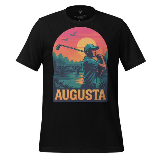 JMK Drip Augusta Graphic T-Shirt black with colorful golfer and sunset print design
