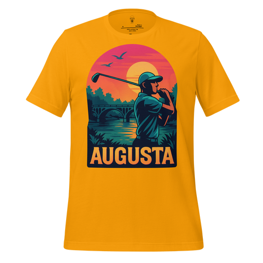 JMK Drip Augusta Graphic T-Shirt in yellow featuring a golfer silhouette with sunset and bridge background