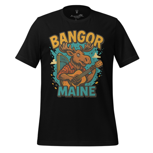 Black Bangor Maine t-shirt featuring a moose playing guitar with colorful graphic design