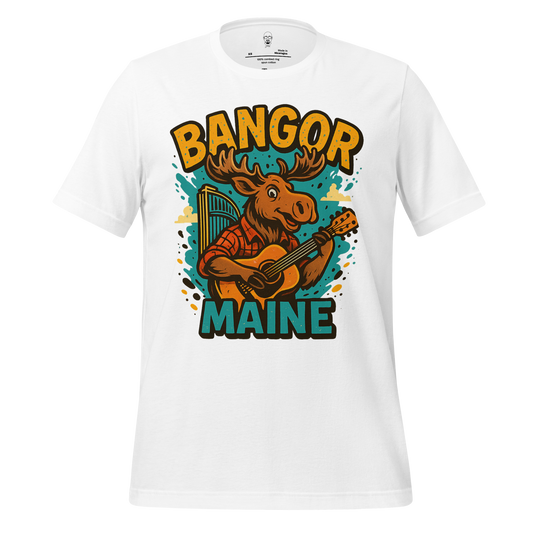 White Bangor Maine t-shirt featuring a moose playing guitar graphic by JMK Drip
