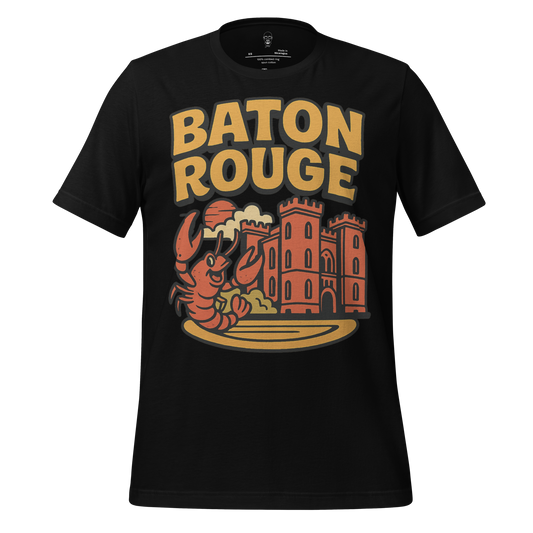 Black Baton Rouge graphic tee with retro style orange crawfish and castle design by JMK Drip