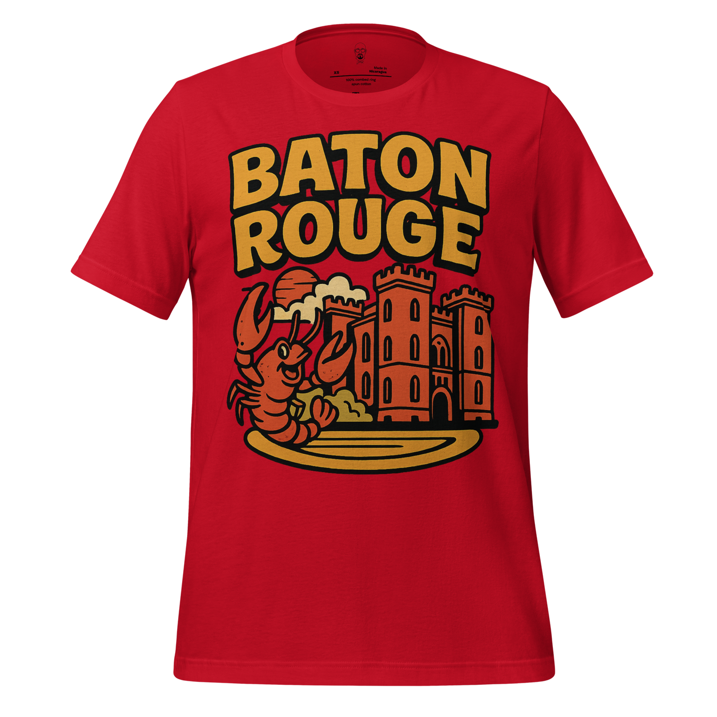 JMK Drip red Baton Rouge graphic tee with lobster and castle design on front