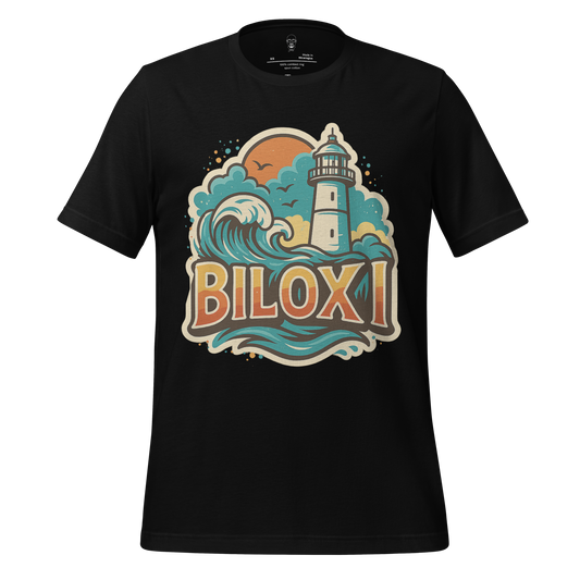 Black Biloxi graphic t-shirt with colorful lighthouse and wave design by JMK Drip