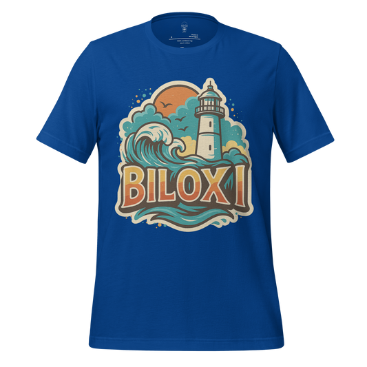Blue Biloxi graphic t-shirt featuring a lighthouse, ocean waves, and sunset design