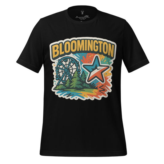 Black Bloomington graphic t-shirt by JMK Drip with colorful Ferris wheel and star design