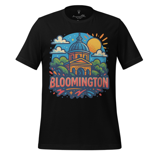 Black Bloomington Graphic T-Shirt by JMK Drip featuring colorful city building and sun design
