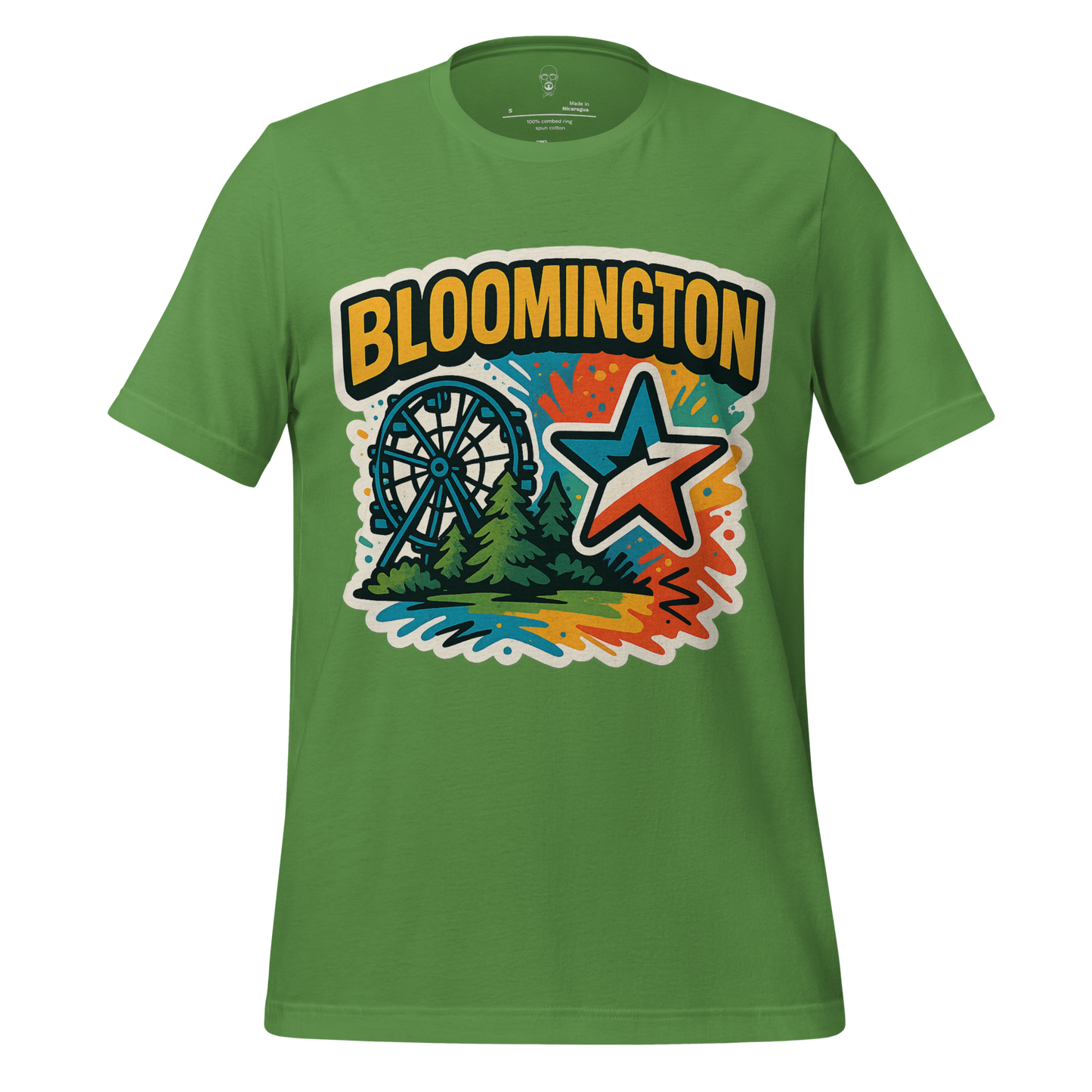 Green Bloomington graphic t-shirt with colorful Ferris wheel and star design by JMK Drip