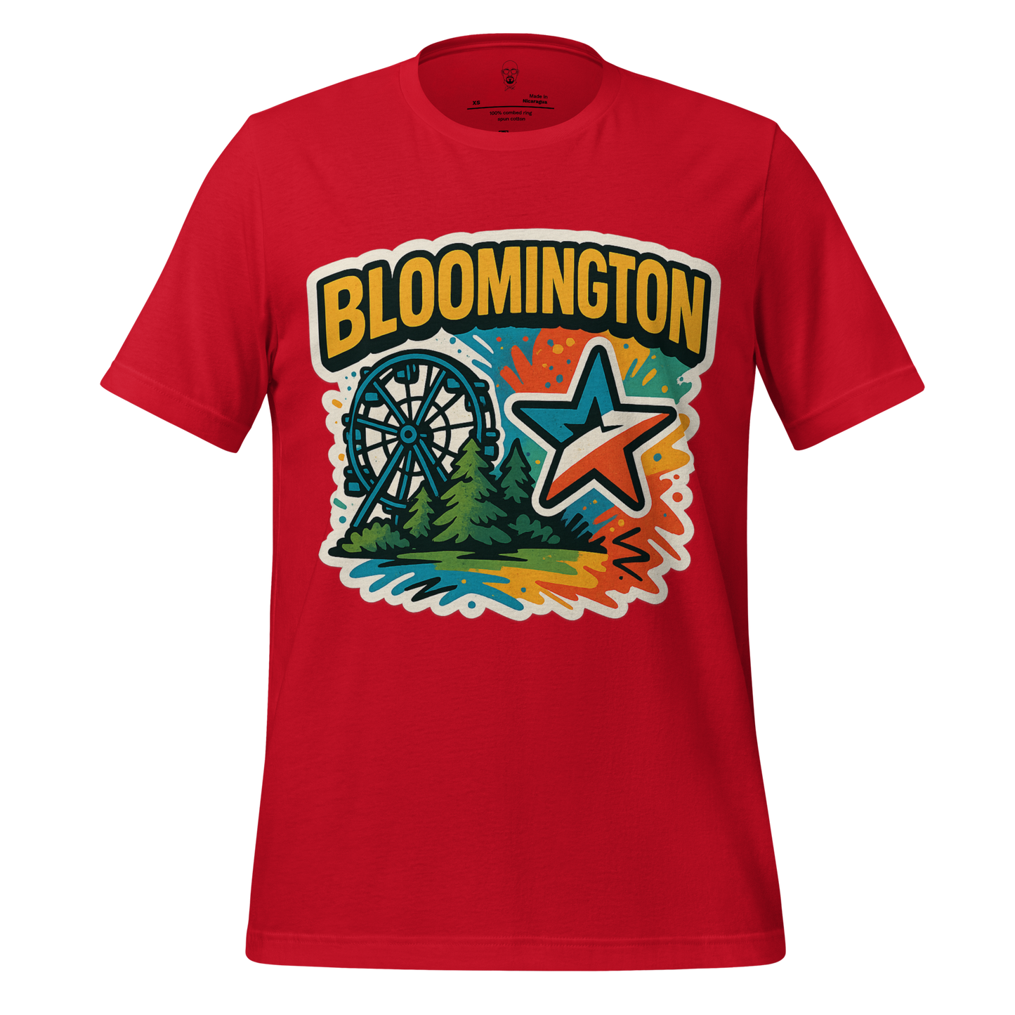 Red Bloomington graphic t-shirt with colorful Ferris wheel, star, and tree design by JMK Drip