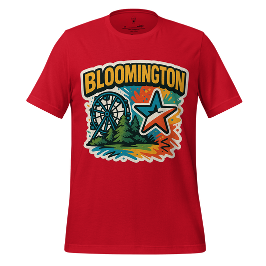 Red Bloomington graphic t-shirt with colorful Ferris wheel, star, and tree design by JMK Drip