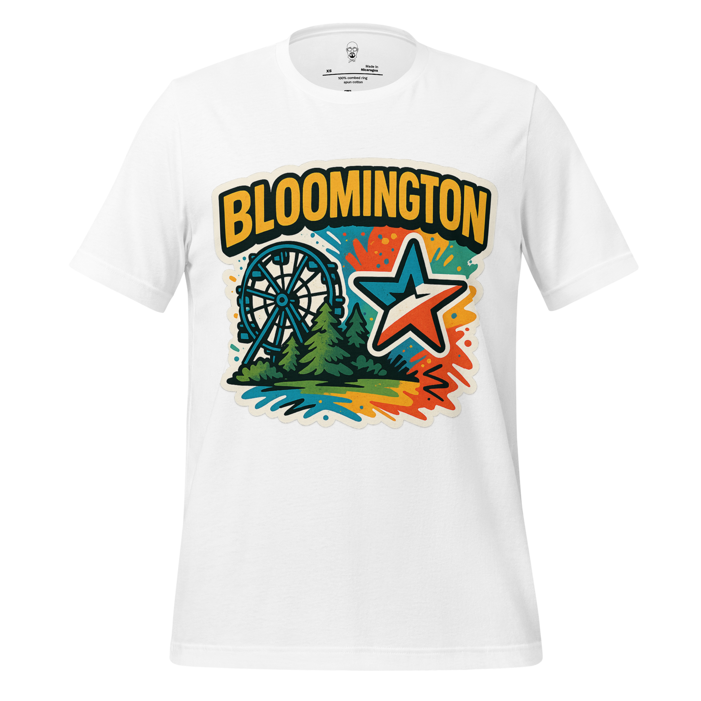 White Bloomington graphic t-shirt by JMK Drip featuring colorful Ferris wheel and star design