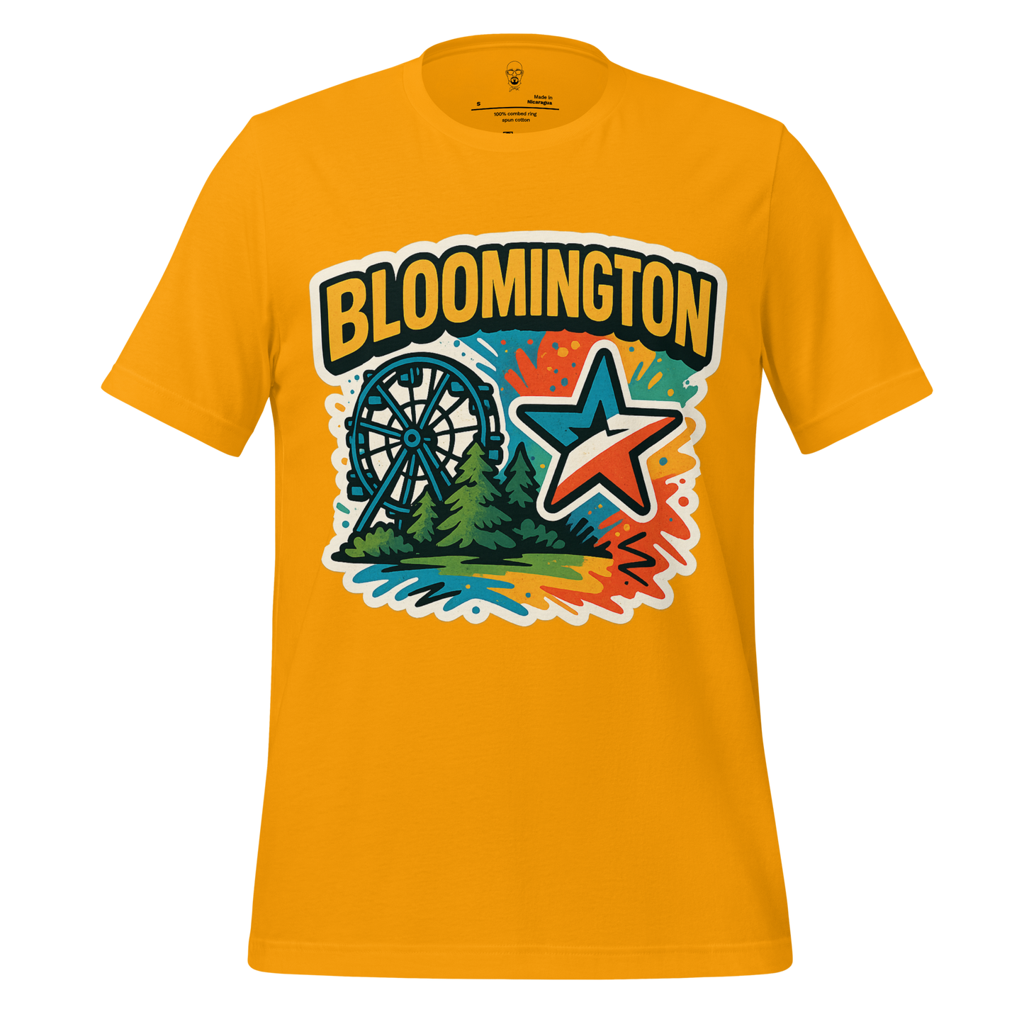 JMK Drip yellow Bloomington graphic t-shirt featuring a Ferris wheel, trees, and star design