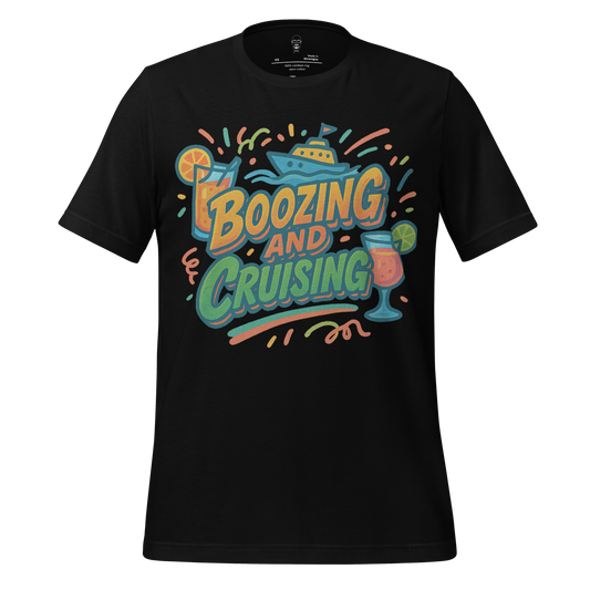 Black JMK Drip boozing and cruising shirt with colorful boat and cocktail graphic design