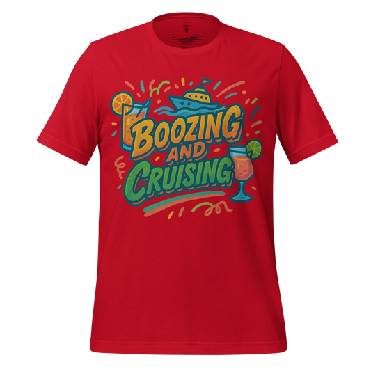 Red JMK Drip boozing and cruising shirt with colorful boat and cocktail graphic design