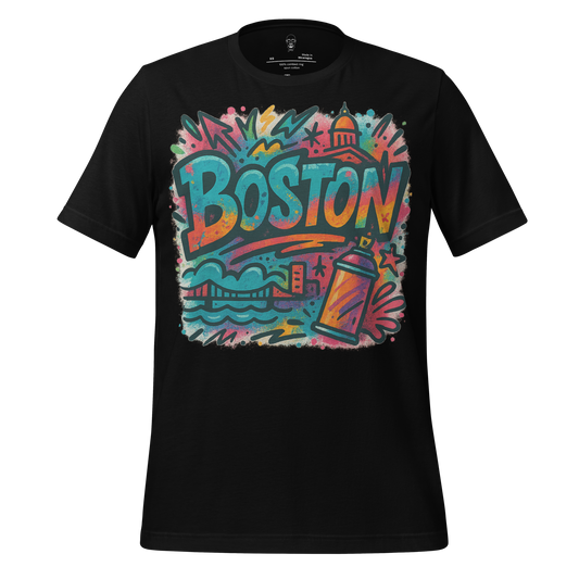 JMK Drip Boston graphic t-shirt in black with colorful street art design and Boston city elements