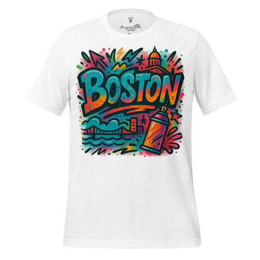 White JMK Drip Boston graphic t-shirt with colorful graffiti-style cityscape and spray paint design